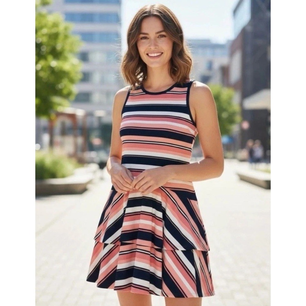 NWT MICHAEL‎ KORS Coral Peach Stripe Tiered Flounce Sleeveless Dress Women's XXL
